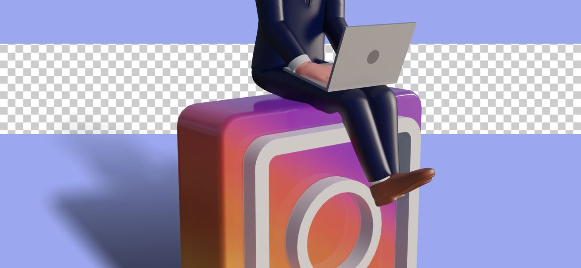 3d Male Character Is Typing On Laptop And Sitting On Instagram Logo. Psd Premium